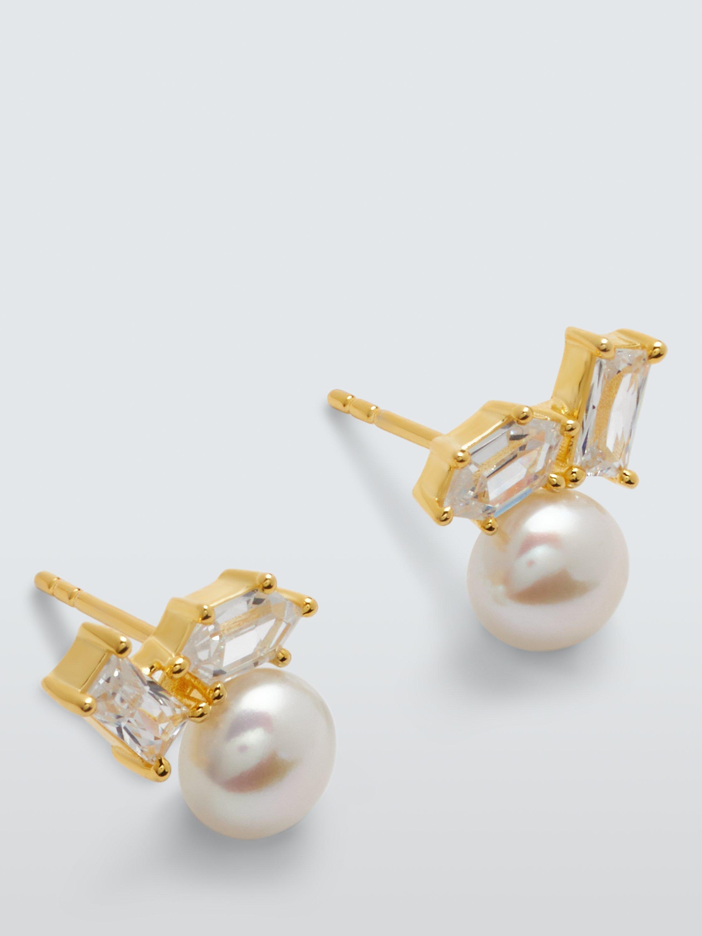 Lido Freshwater Pearl Hexagon and Baguette Cubic Zirconia Stud Earrings, Gold/White