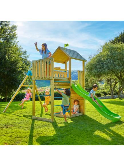 TP Toys Skywood Wooden Climbing Frame with Sky Deck, Double Swing and Slide, Multi