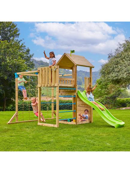TP Toys Skywood Wooden Climbing Frame with Skyline and Flying Fox, Sky Deck and Slide, Multi