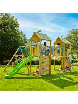 TP Toys Skywood Wooden Climbing Frame with Two Towers, Sky Bridge, Double Swing and Slide, Multi