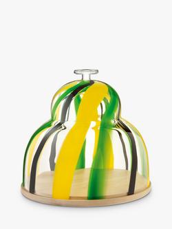 LSA International Folk Wood Cake Stand & Glass Dome, 30cm, Green/Yellow, Multi