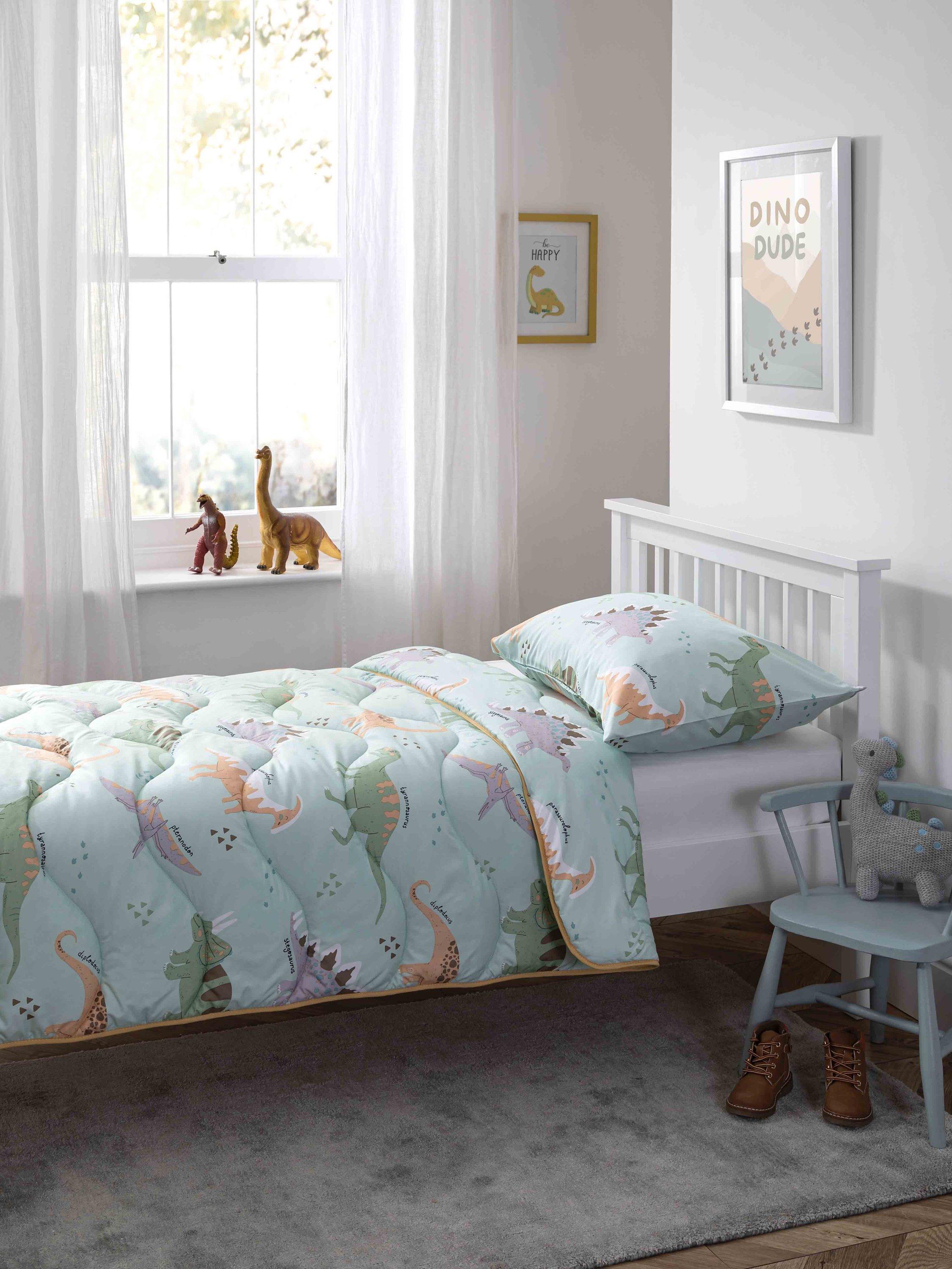 Night Lark Junior Dino Print Coverless Duvet & Pillowcase Set, Multi, Cotbed (120 x140cm)