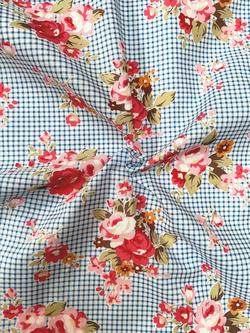 Viscount Textiles Gingham & Roses Cotton Lawn Fabric, Multi, Blue