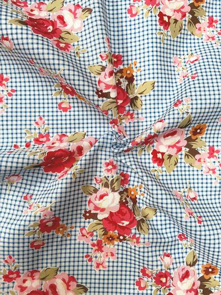 Viscount Textiles Gingham & Roses Cotton Lawn Fabric, Multi, Blue