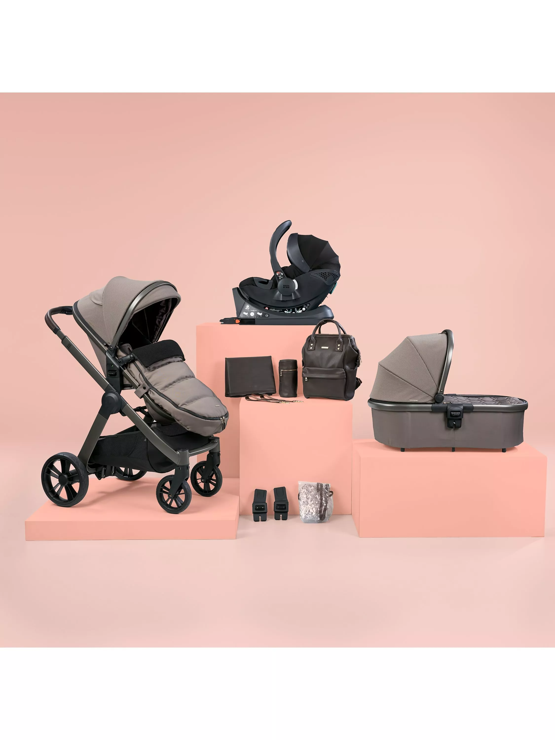 BabaBing Raffi Complete Pushchair and Carrycot Hera Car Seat and Base with Accessories Premium 11 Piece Bundle