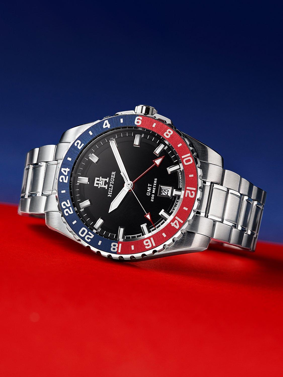Tommy Hilfiger 1792131 Colour Block Bezel Swiss GMT Movement Sports Watch Silver