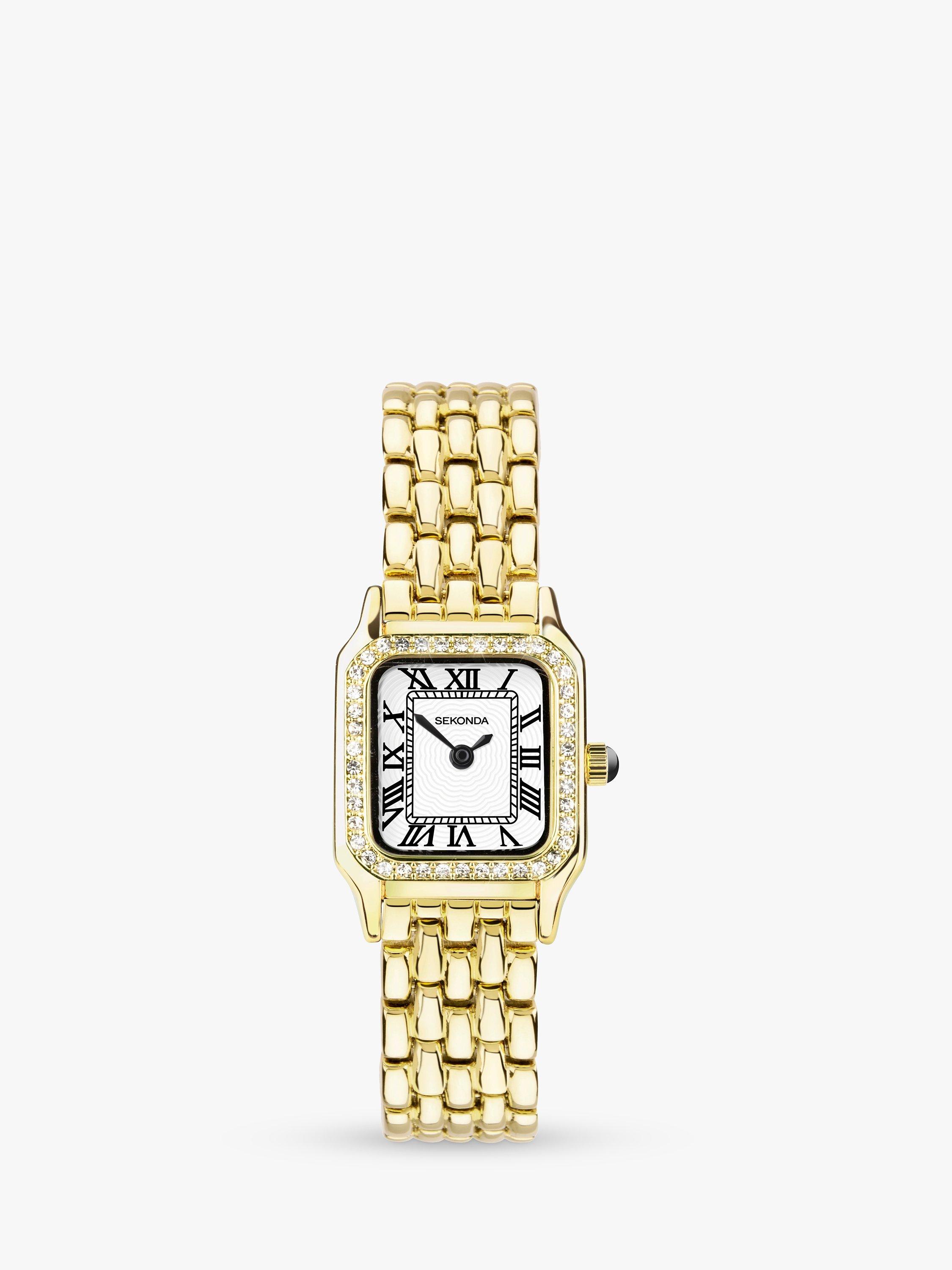 Product image 1 of 7, which shows Sekonda Women's Monica Crystal Rectangle Dial Bracelet Strap Watch, Gold