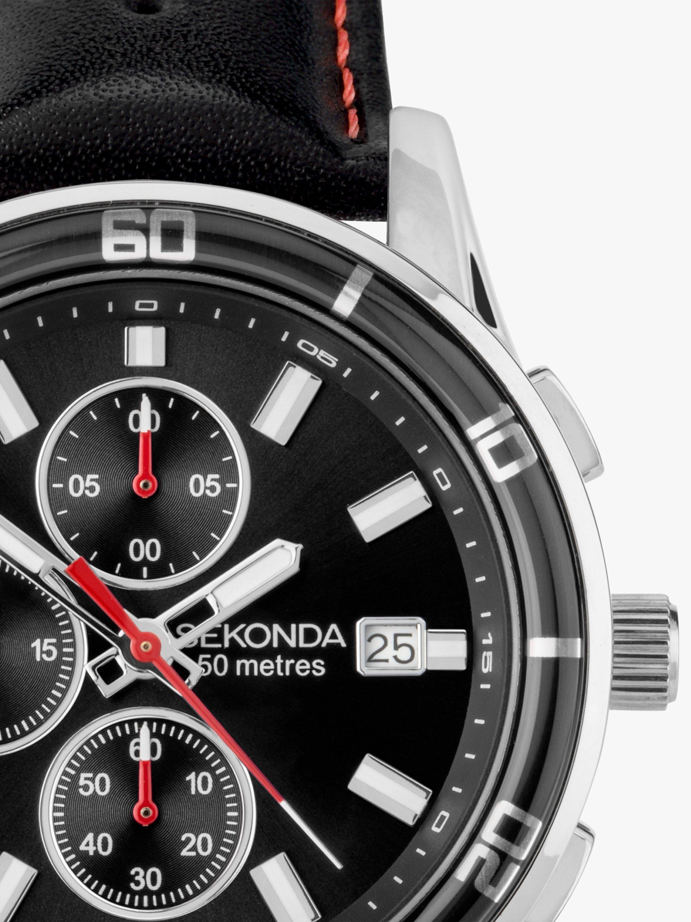 Product image 2 of 6, which shows Sekonda 30206 Men's Midnight Chronograph Leather Strap Watch, Black