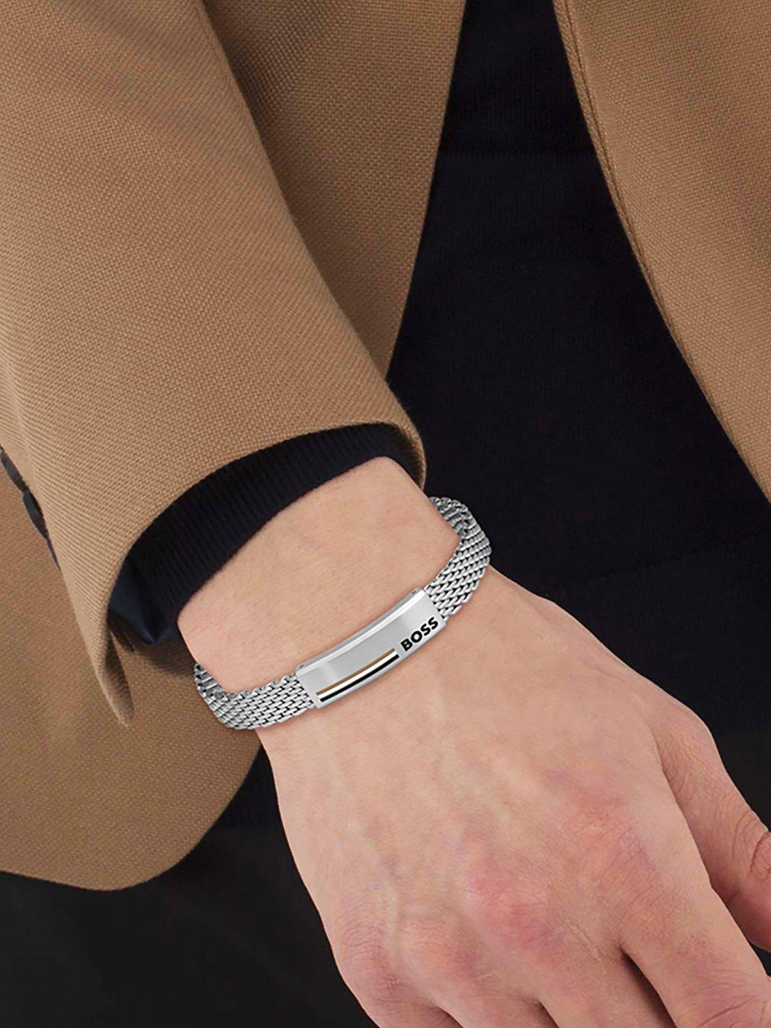 HUGO BOSS Men's Alen Mesh Logo Plate Bracelet, Silver