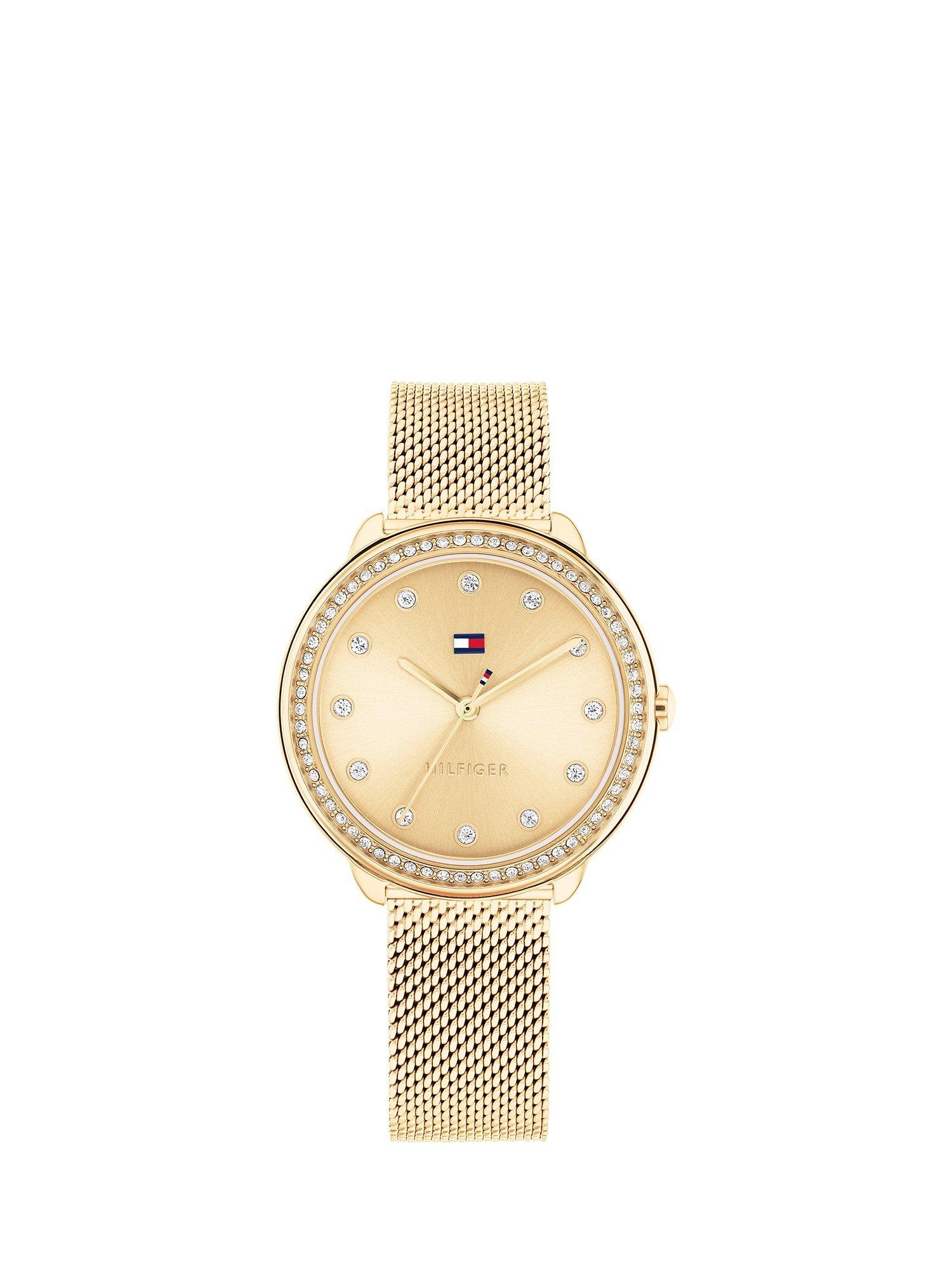 Product image 1 of 7, which shows Tommy Hilfiger Women's Crystal Bezel Mesh Strap Watch, Gold