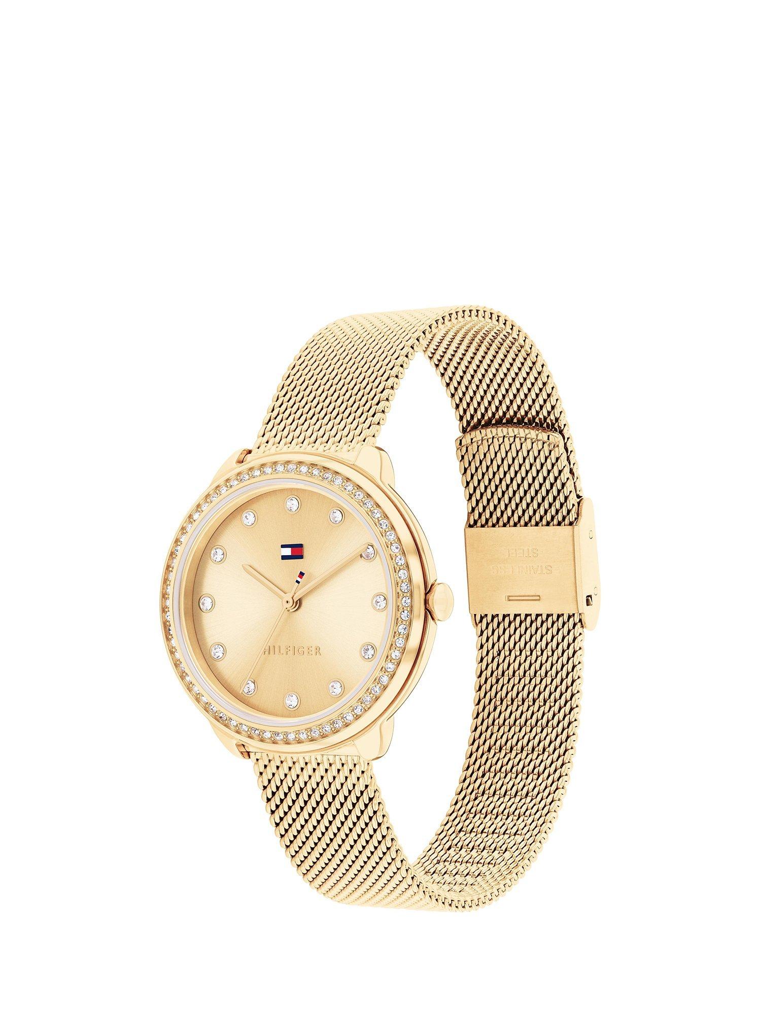 Product image 2 of 7, which shows Tommy Hilfiger Women's Crystal Bezel Mesh Strap Watch, Gold
