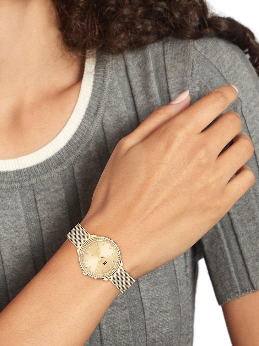 Product image 6 of 7, which shows Tommy Hilfiger Women's Crystal Bezel Mesh Strap Watch, Gold