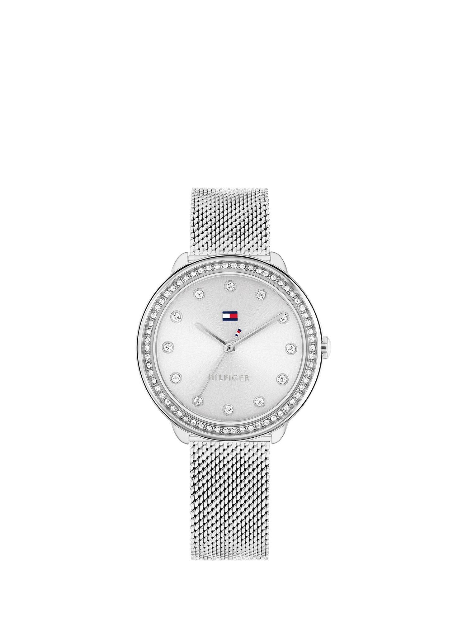 Product image 1 of 6, which shows Tommy Hilfiger Women's Crystal Bezel Mesh Strap Watch, Silver
