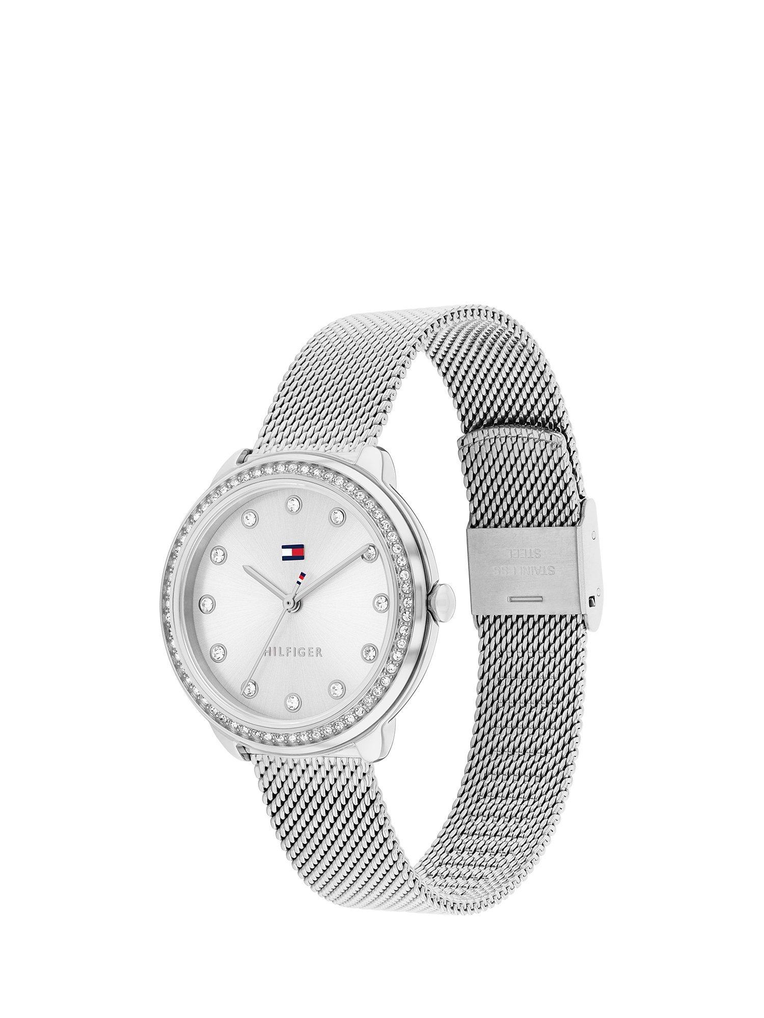 Product image 2 of 6, which shows Tommy Hilfiger Women's Crystal Bezel Mesh Strap Watch, Silver