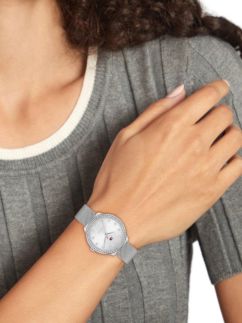 Product image 6 of 6, which shows Tommy Hilfiger Women's Crystal Bezel Mesh Strap Watch, Silver