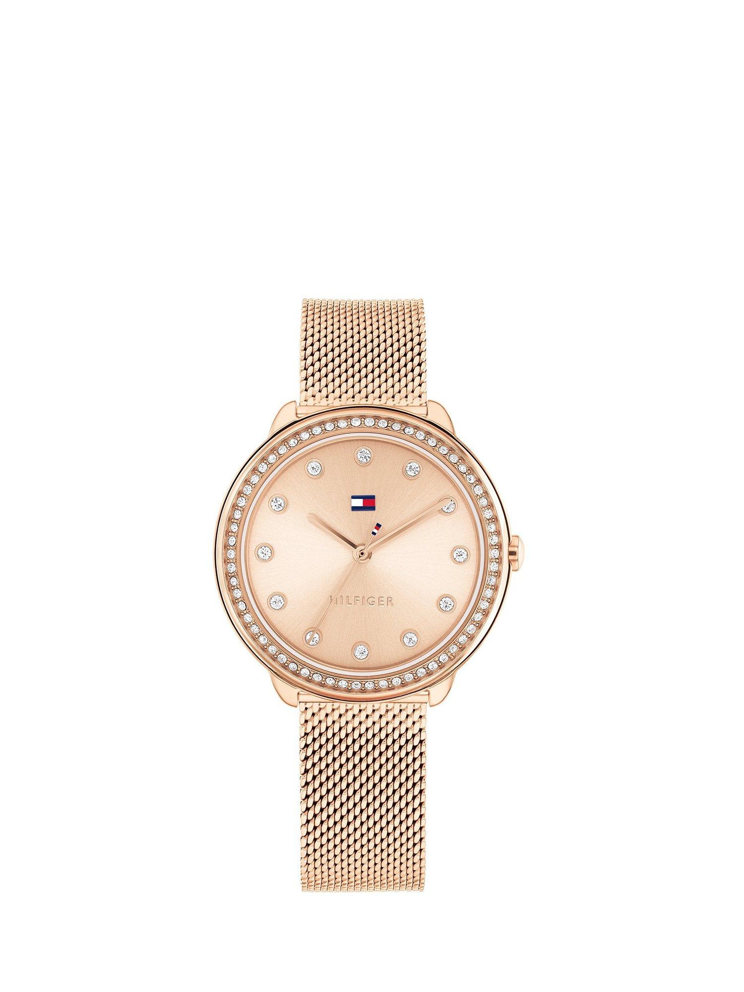 Product image 1 of 6, which shows Tommy Hilfiger Women's Crystal Bezel Mesh Strap Watch, Rose Gold