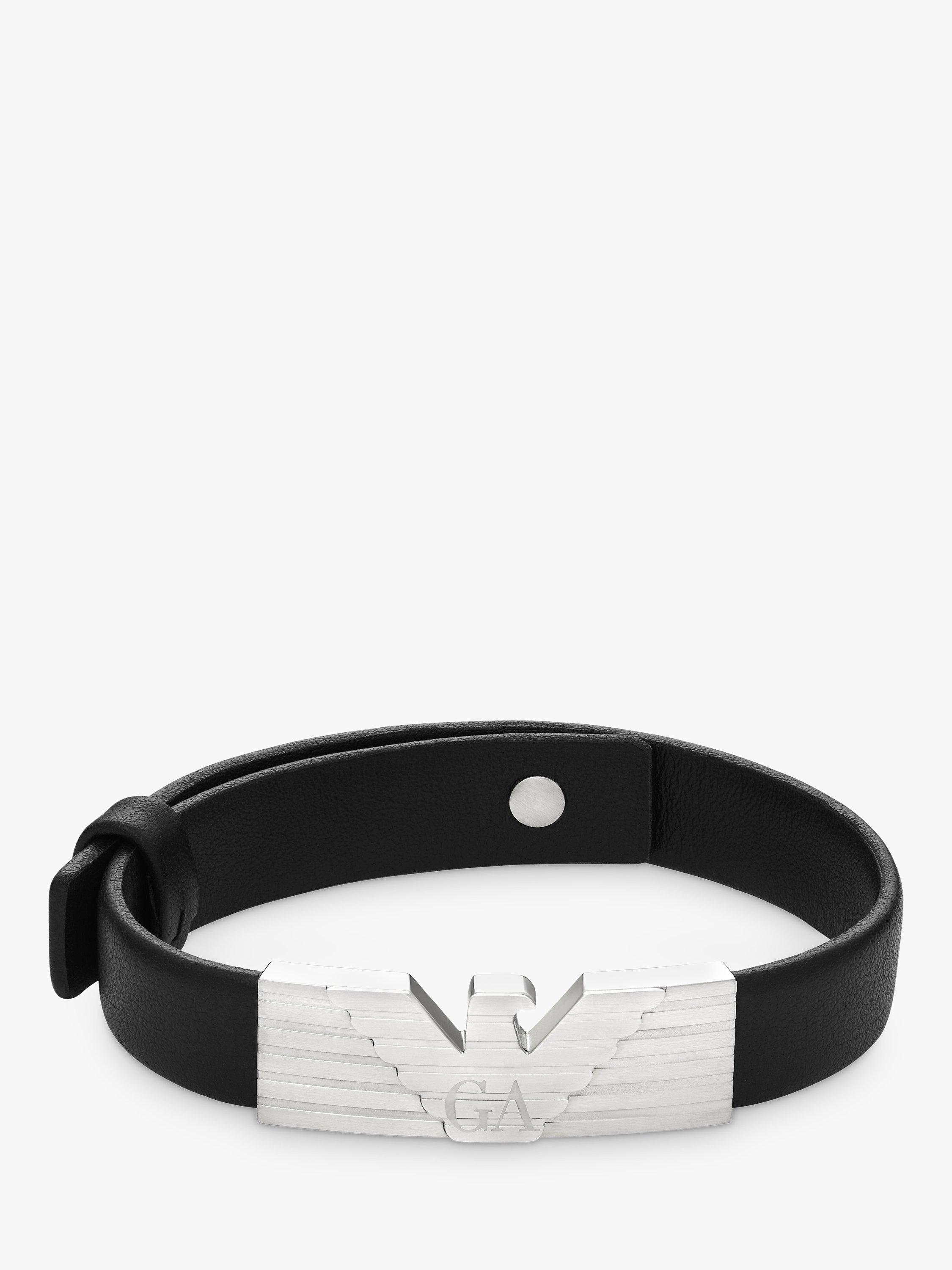 Product image 1 of 3, which shows Emporio Armani Men's ID Leather Bracelet, Black/Silver