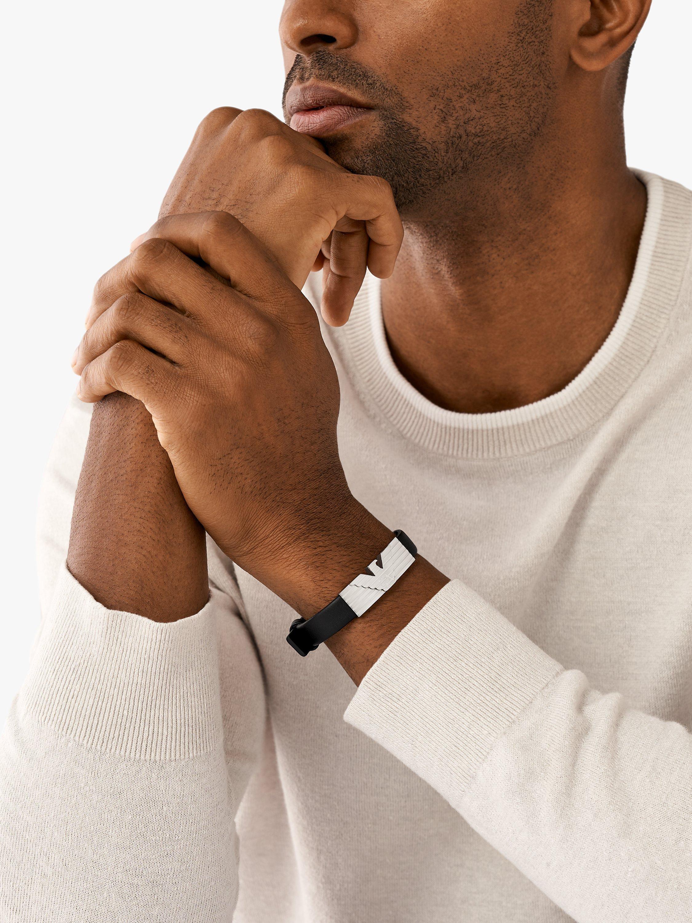 Product image 3 of 3, which shows Emporio Armani Men's ID Leather Bracelet, Black/Silver