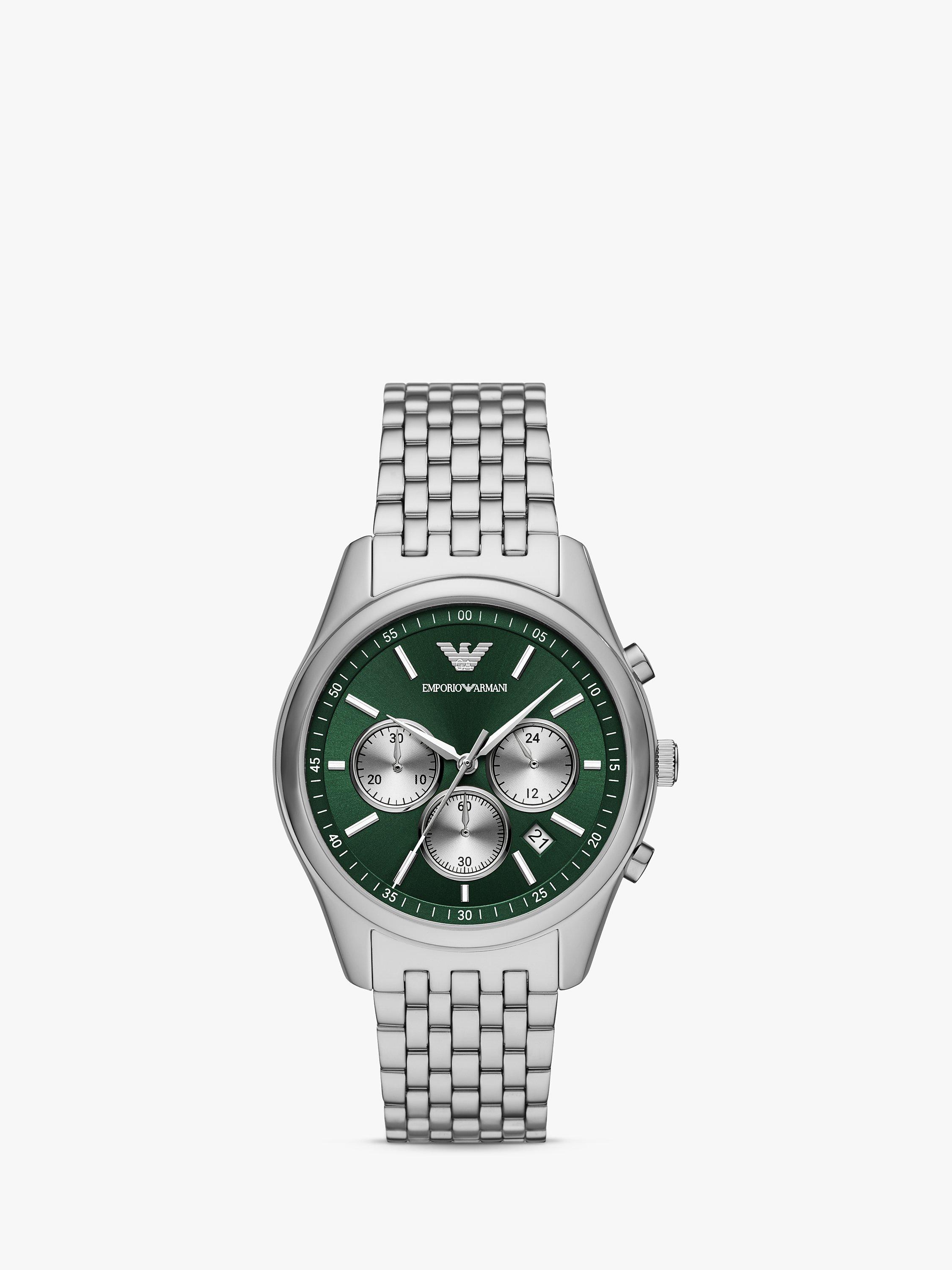 Product image 1 of 6, which shows Emporio Armani Men's Chronograph Bracelet Strap Watch, Silver/Green AR1581