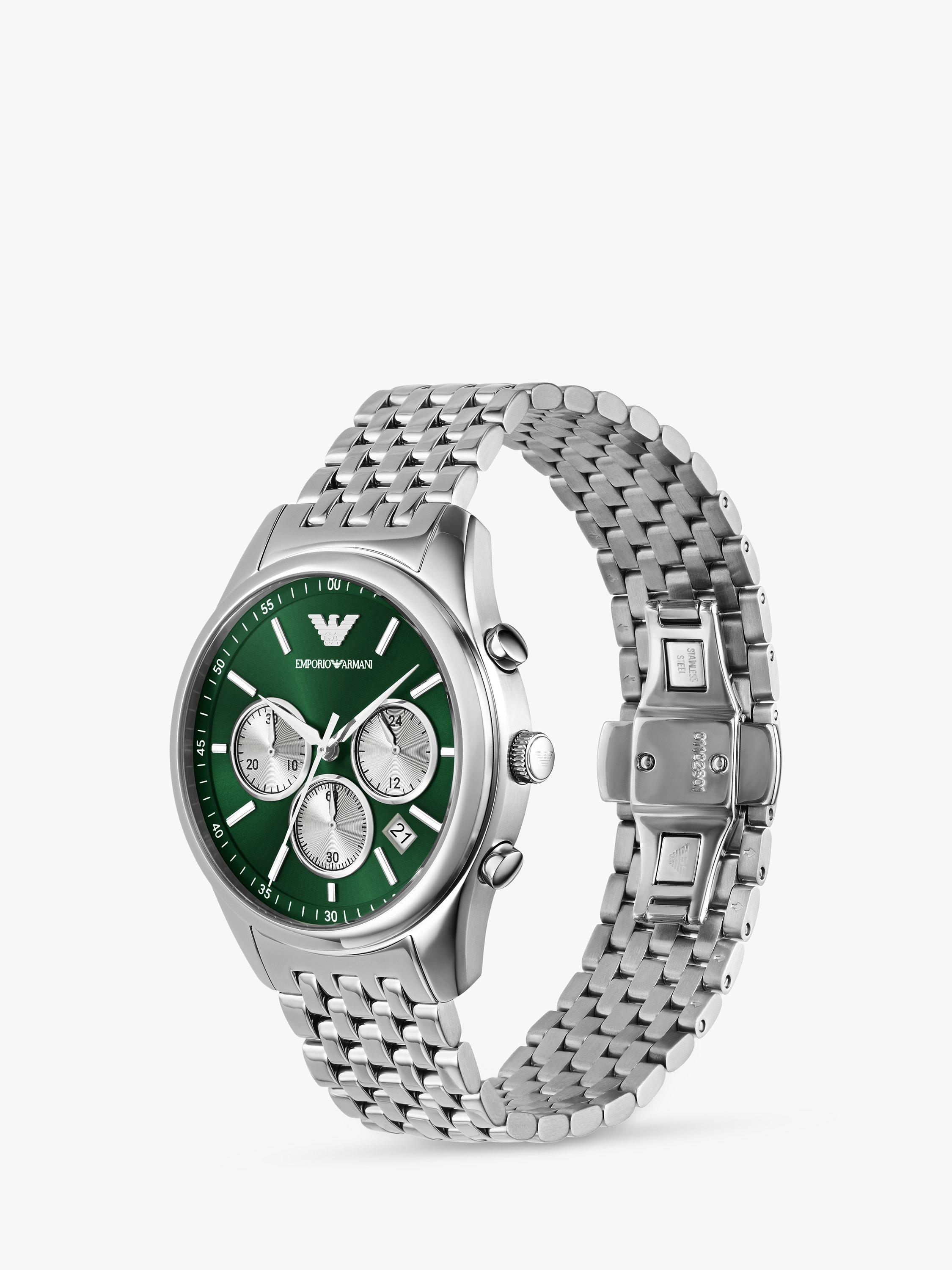 Product image 2 of 6, which shows Emporio Armani Men's Chronograph Bracelet Strap Watch, Silver/Green AR1581
