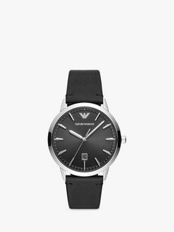Emporio Armani AR11193 Men's Date Leather Strap Watch, Silver/Black, Silver/Black