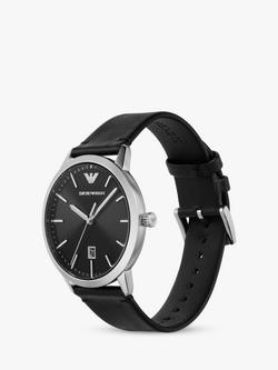 Emporio Armani AR11193 Men's Date Leather Strap Watch, Silver/Black - view 2, Silver/Black