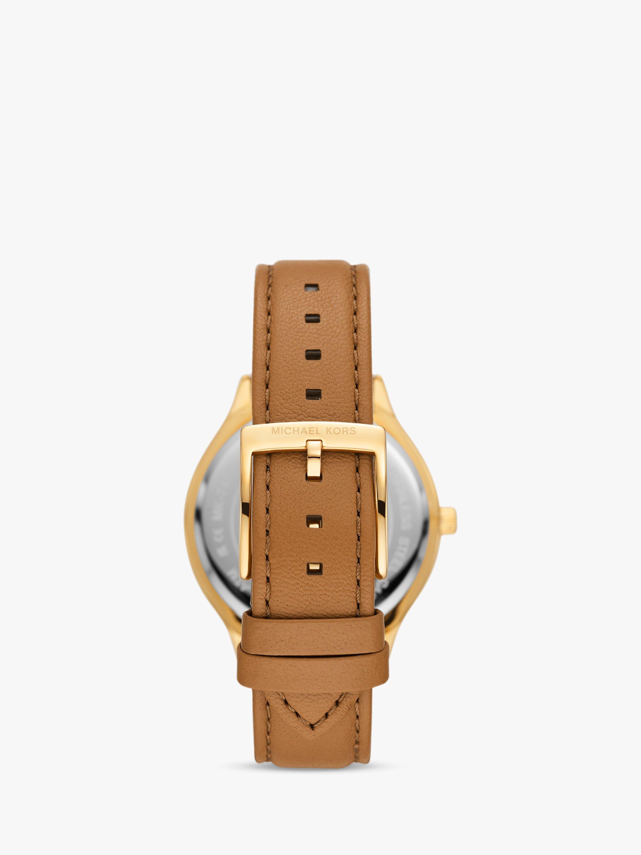 Michael Kors MK7465 Women s Slim Runway Leather Strap Watch Gold Brown