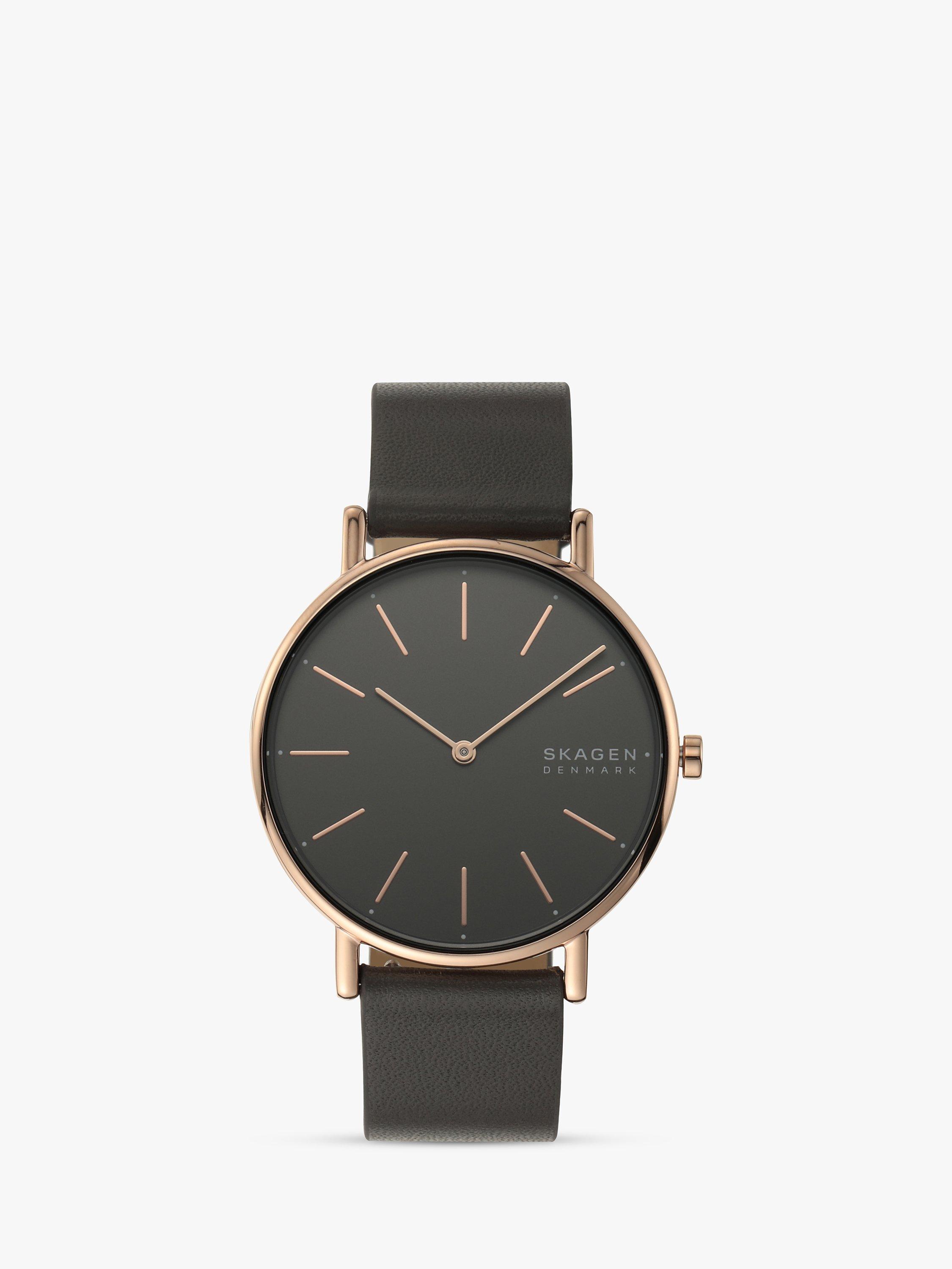 Skagen Women s Signatur Leather Strap Watch Rose Gold Grey