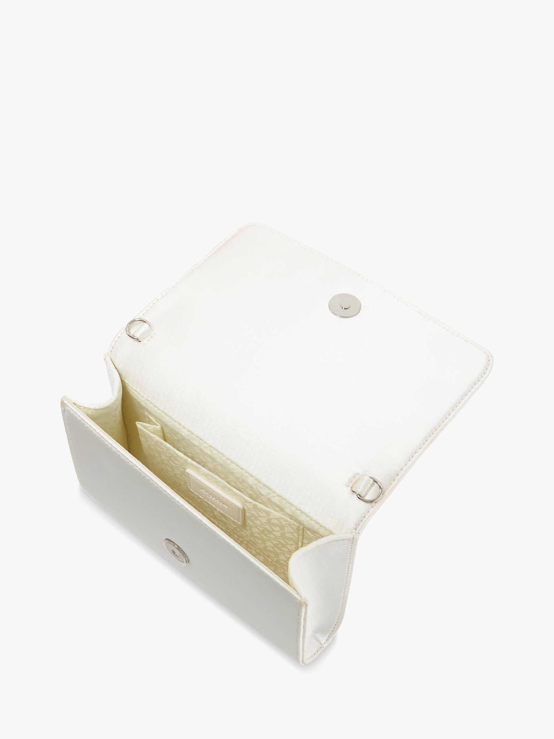Product image 3 of 5, which shows Dune London Blossoming Satin Flower Clutch Bag, White