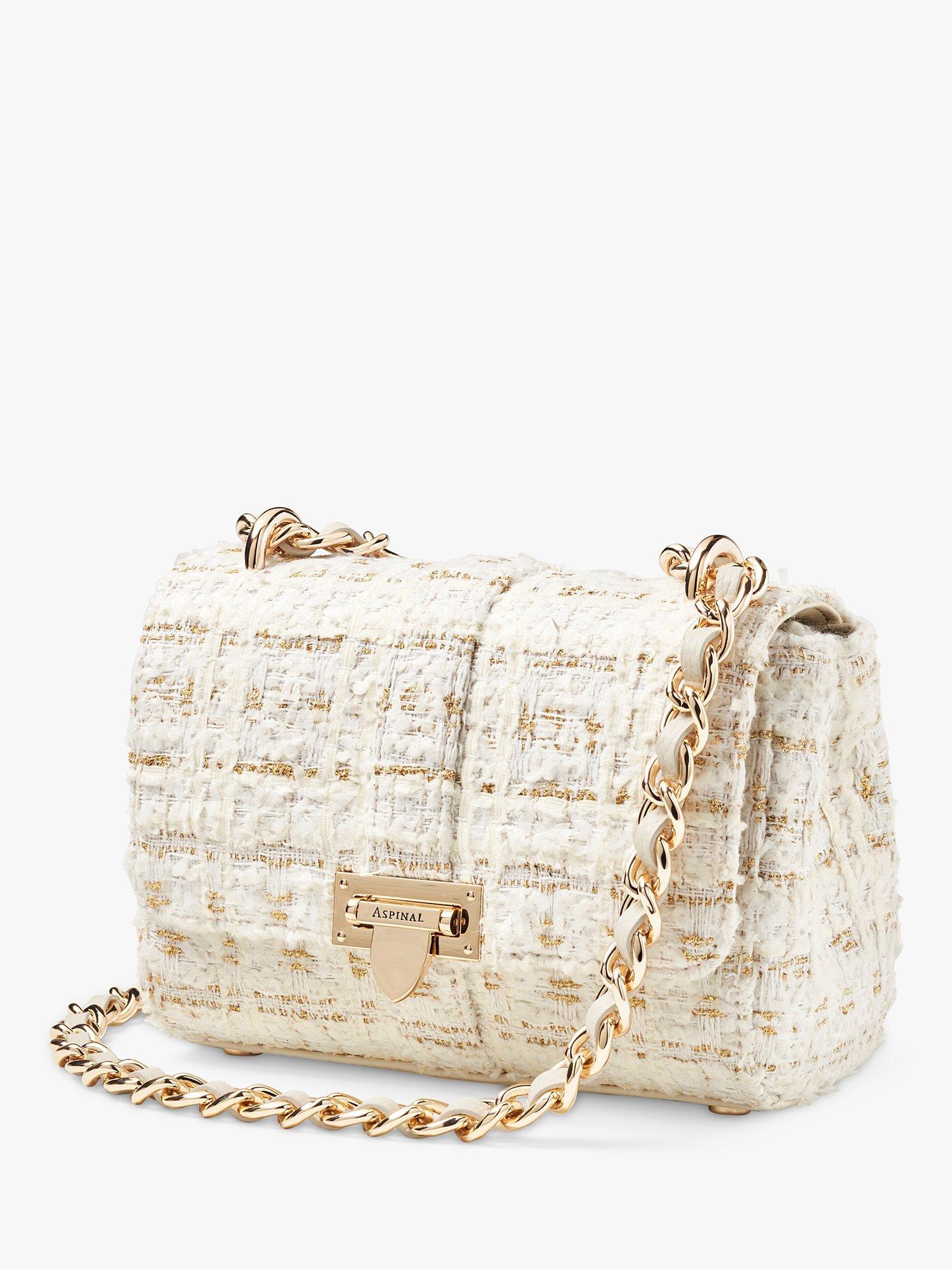 Product image 2 of 9, which shows Aspinal of London Lottie Tweed Shoulder Bag, Ivory/Gold