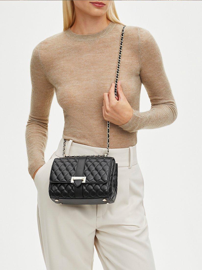 Product image 7 of 9, which shows Aspinal of London Lottie Small Smooth Quilted Leather Shoulder Bag, Black
