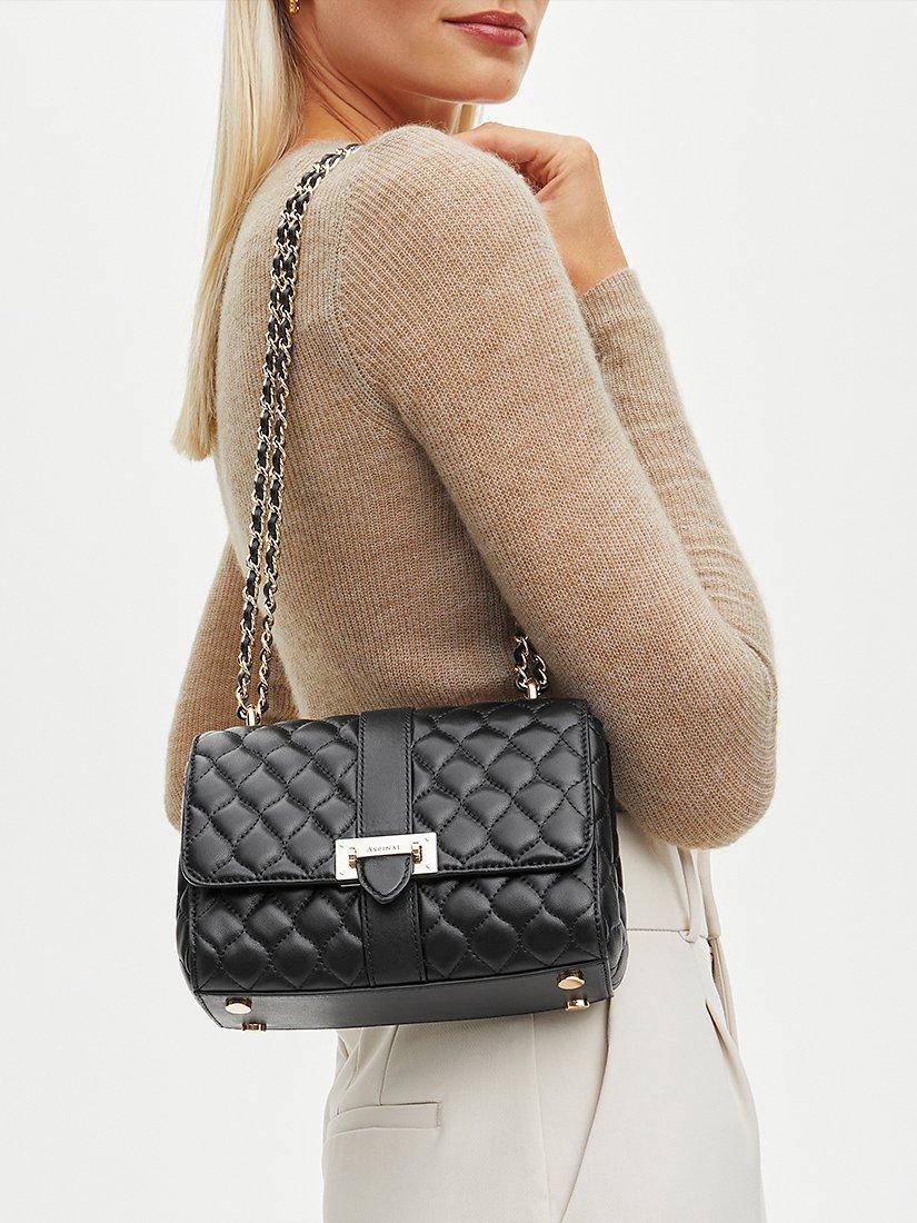 Product image 8 of 9, which shows Aspinal of London Lottie Small Smooth Quilted Leather Shoulder Bag, Black