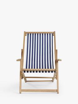 John Lewis Acacia Wood Deck Chair Frame & Striped Sling - view 2, Natural/Blue