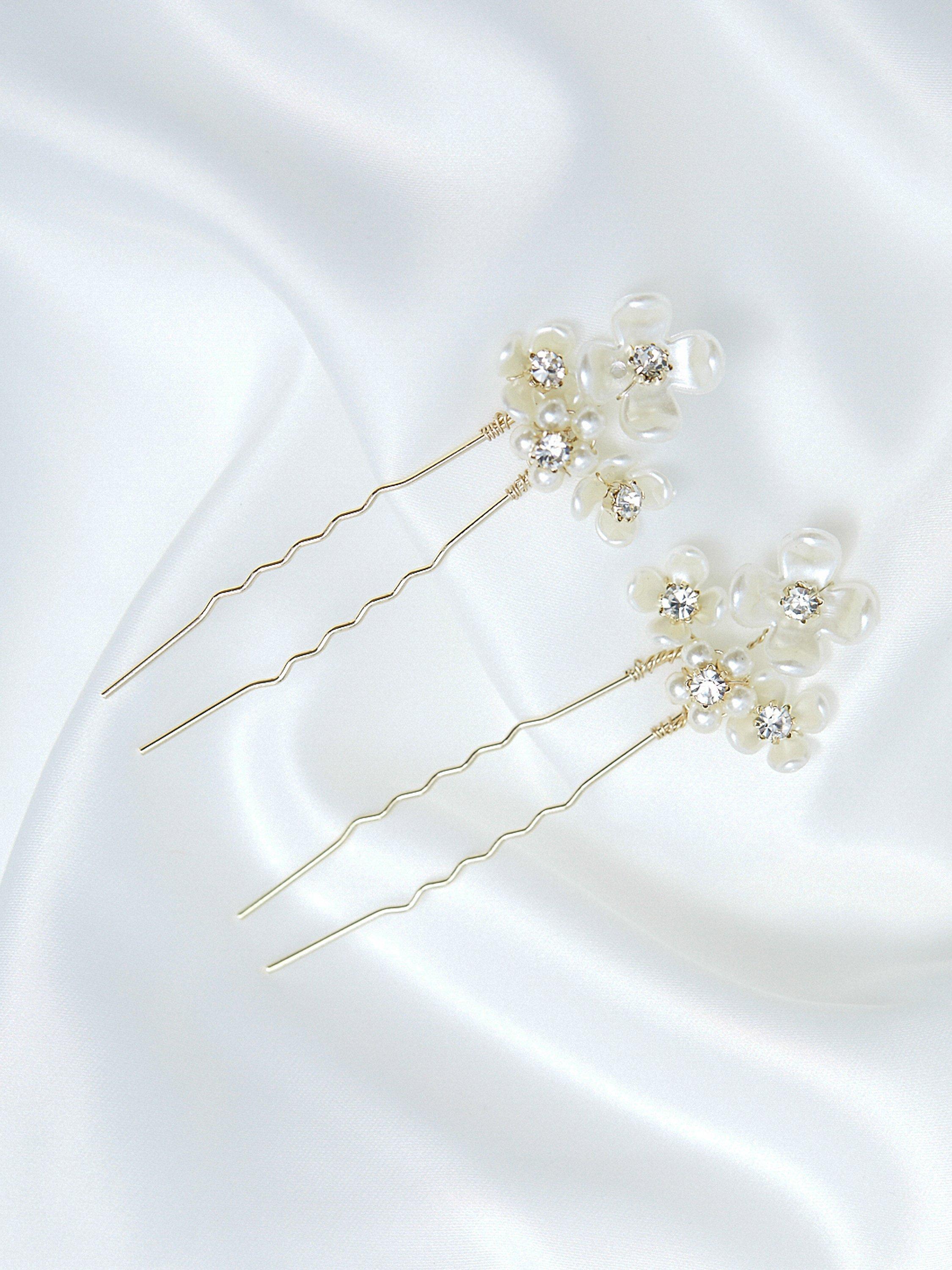 Product image 1 of 3, which shows Jon Richard Gold Plated Floral Hair Pins, White/Gold