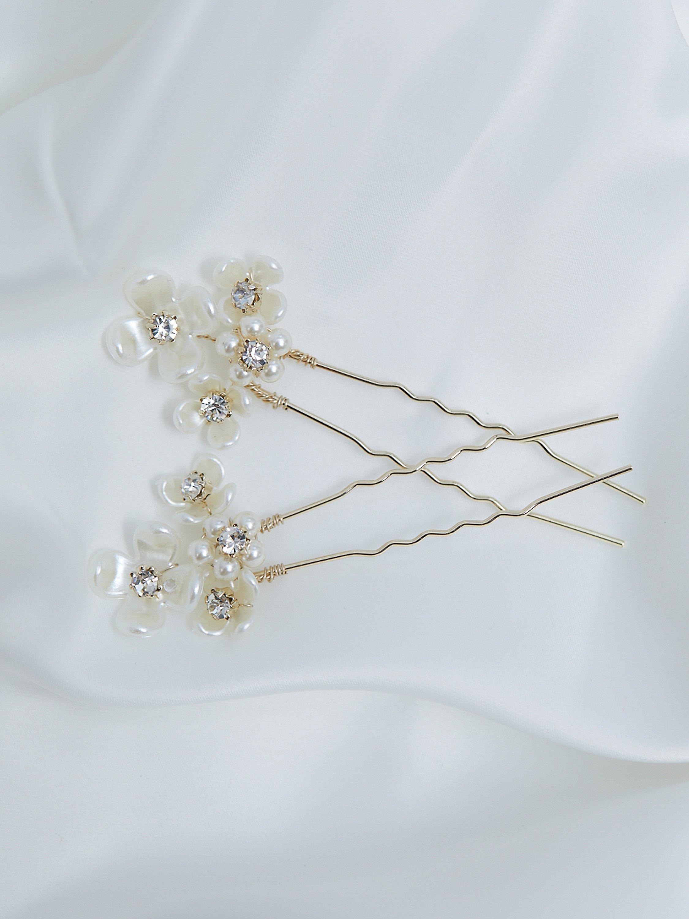 Product image 3 of 3, which shows Jon Richard Gold Plated Floral Hair Pins, White/Gold