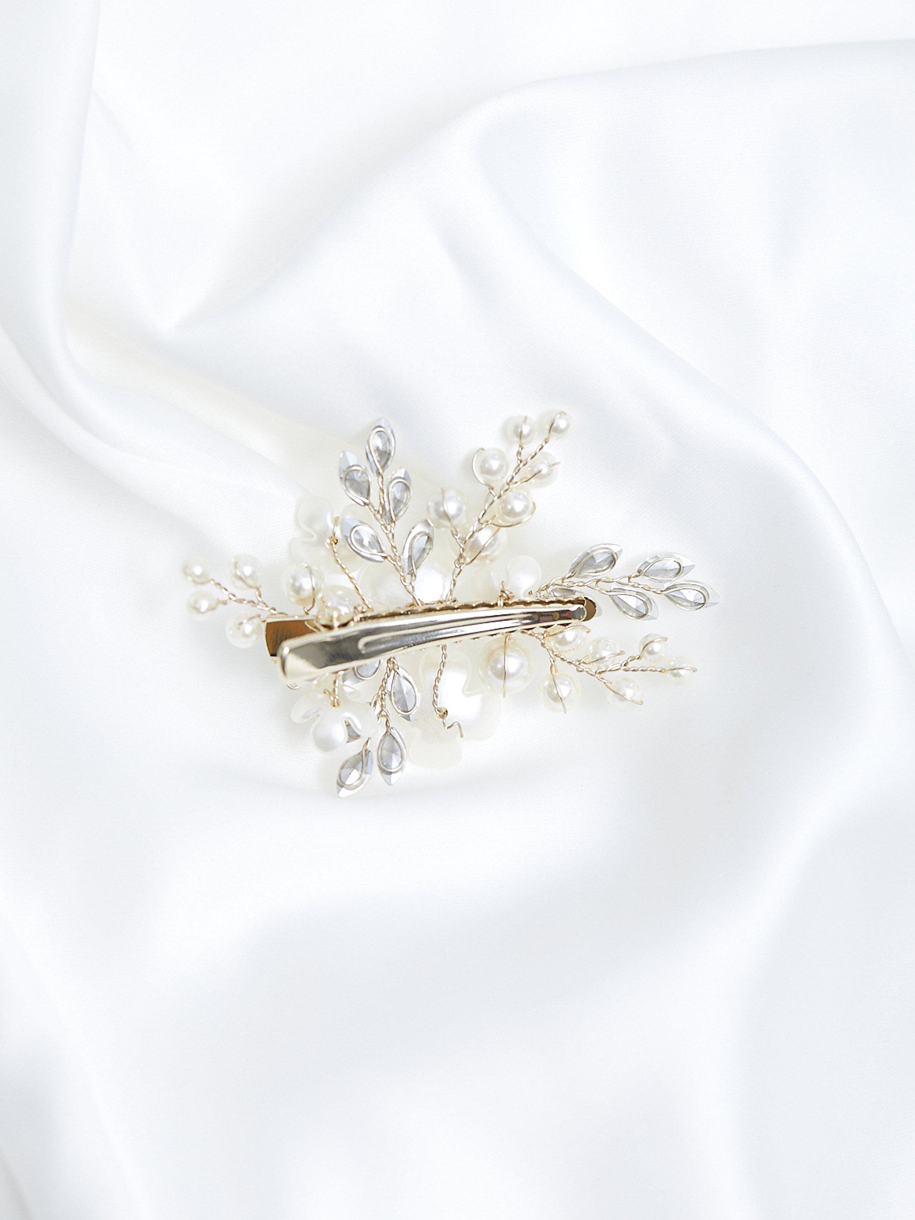 Product image 3 of 3, which shows Jon Richard Gold Plated Floral Faux Pearl Hair Clip, White/Gold