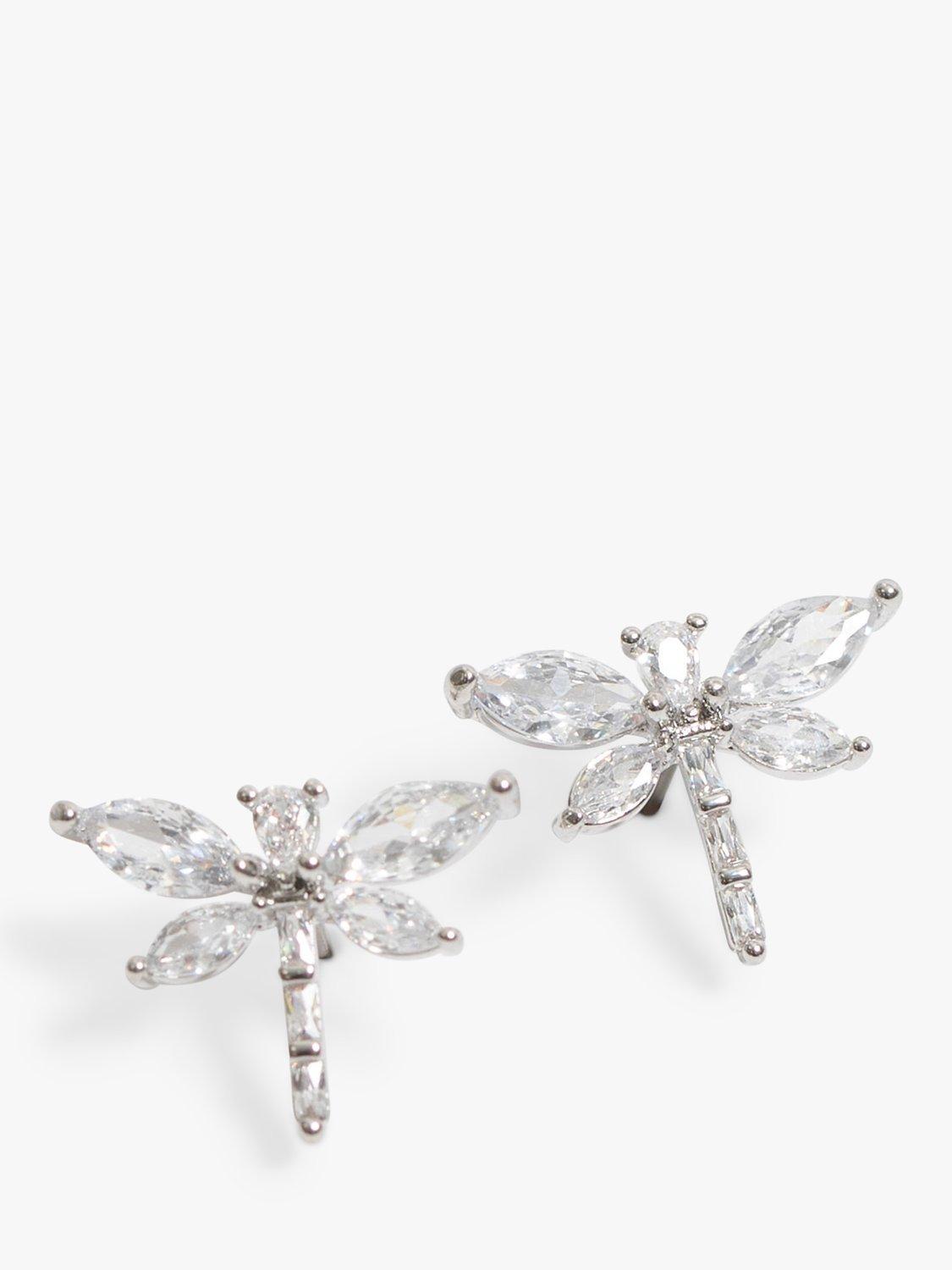 Product image 3 of 3, which shows Jon Richard Cubic Zirconia Crystal Dragonfly Stud Earrings, Silver