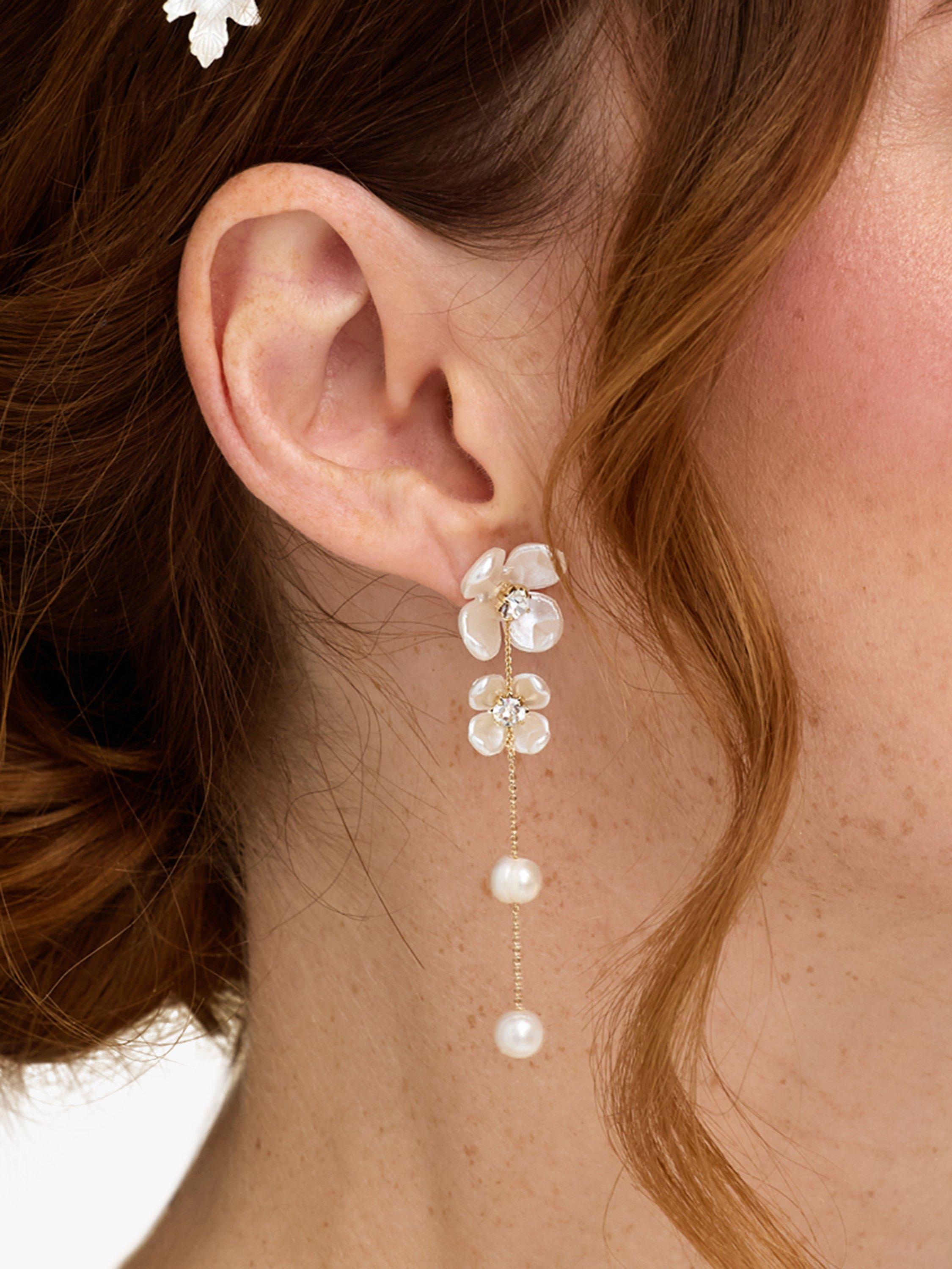Product image 2 of 4, which shows Jon Richard White Floral And Freshwater Pearl Linear Earrings, Gold