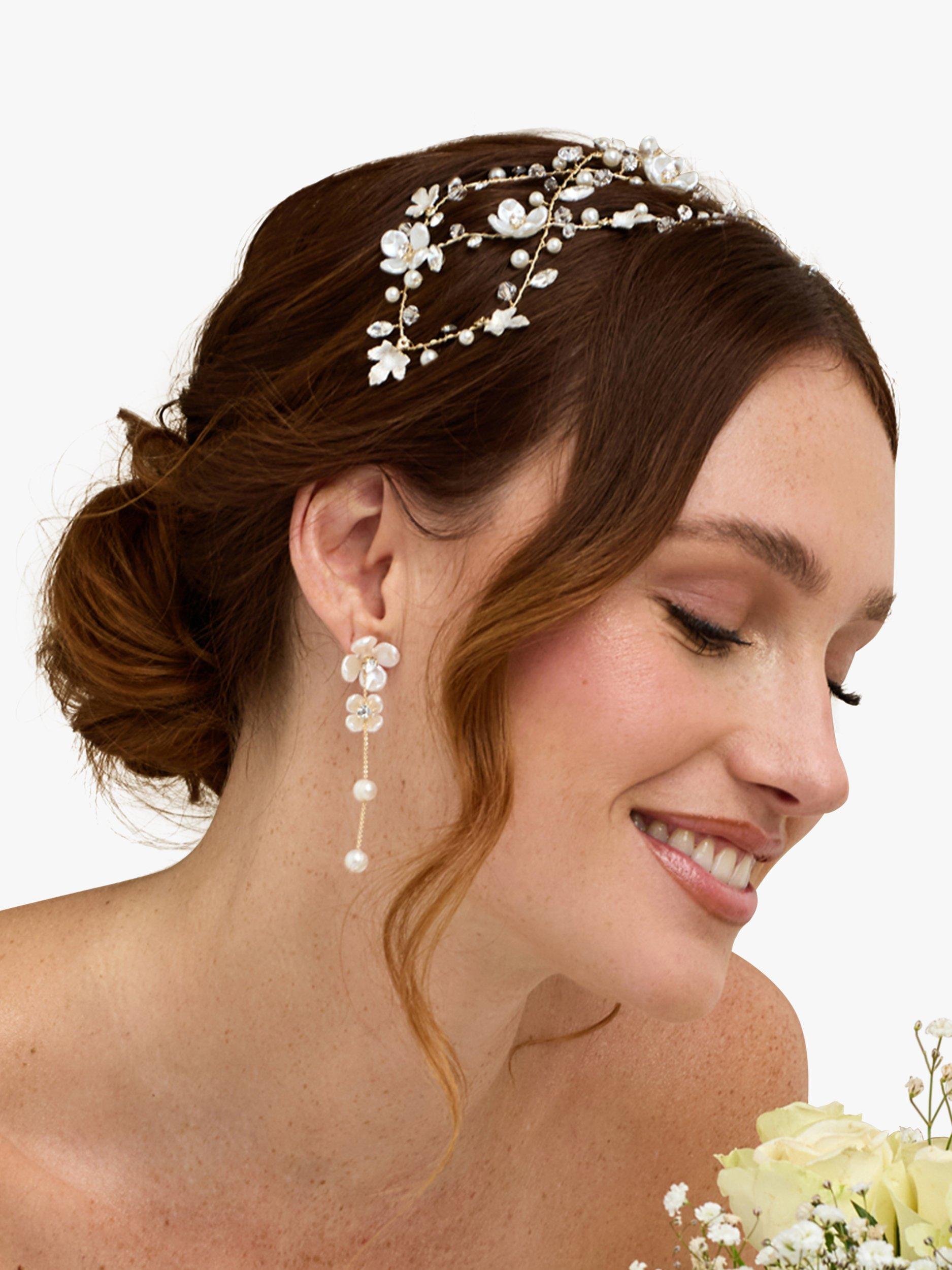 Product image 3 of 4, which shows Jon Richard White Floral And Freshwater Pearl Linear Earrings, Gold