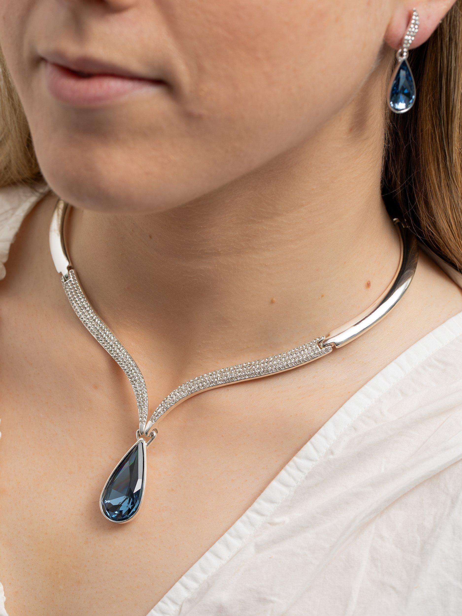 Product image 2 of 3, which shows Jon Richard Statement Blue Pear Drop Necklace, Silver