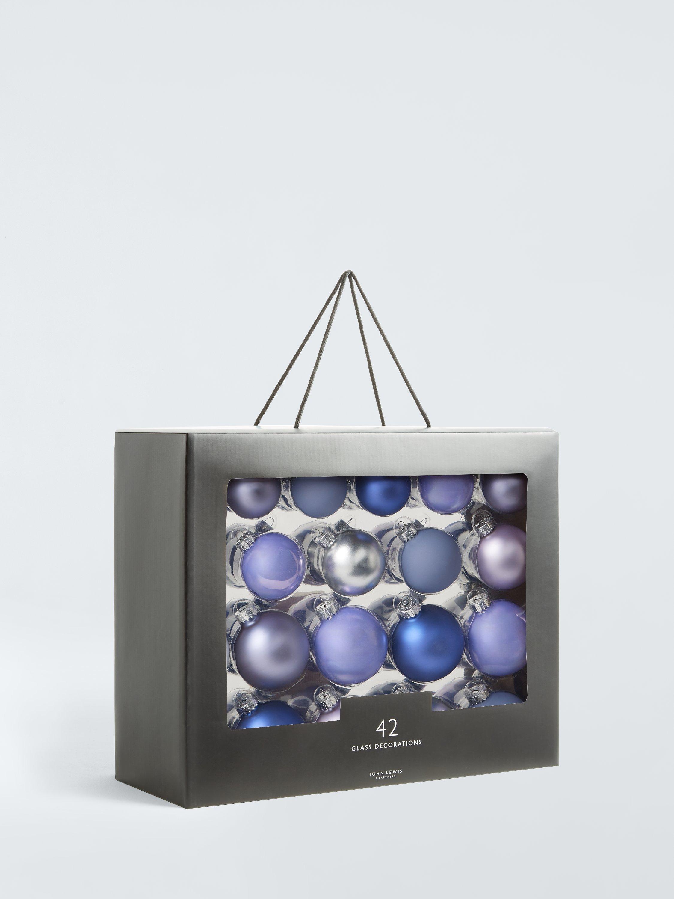 John Lewis Glass Baubles, Box of 42, Purple/Silver