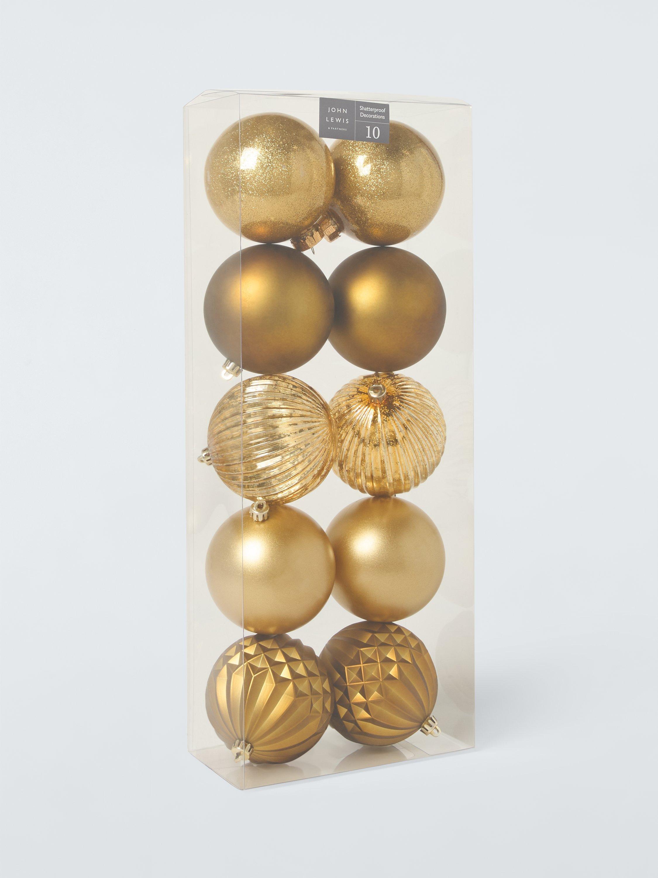 John Lewis Assorted Shatterproof Glitter Baubles, Box of 10, Gold