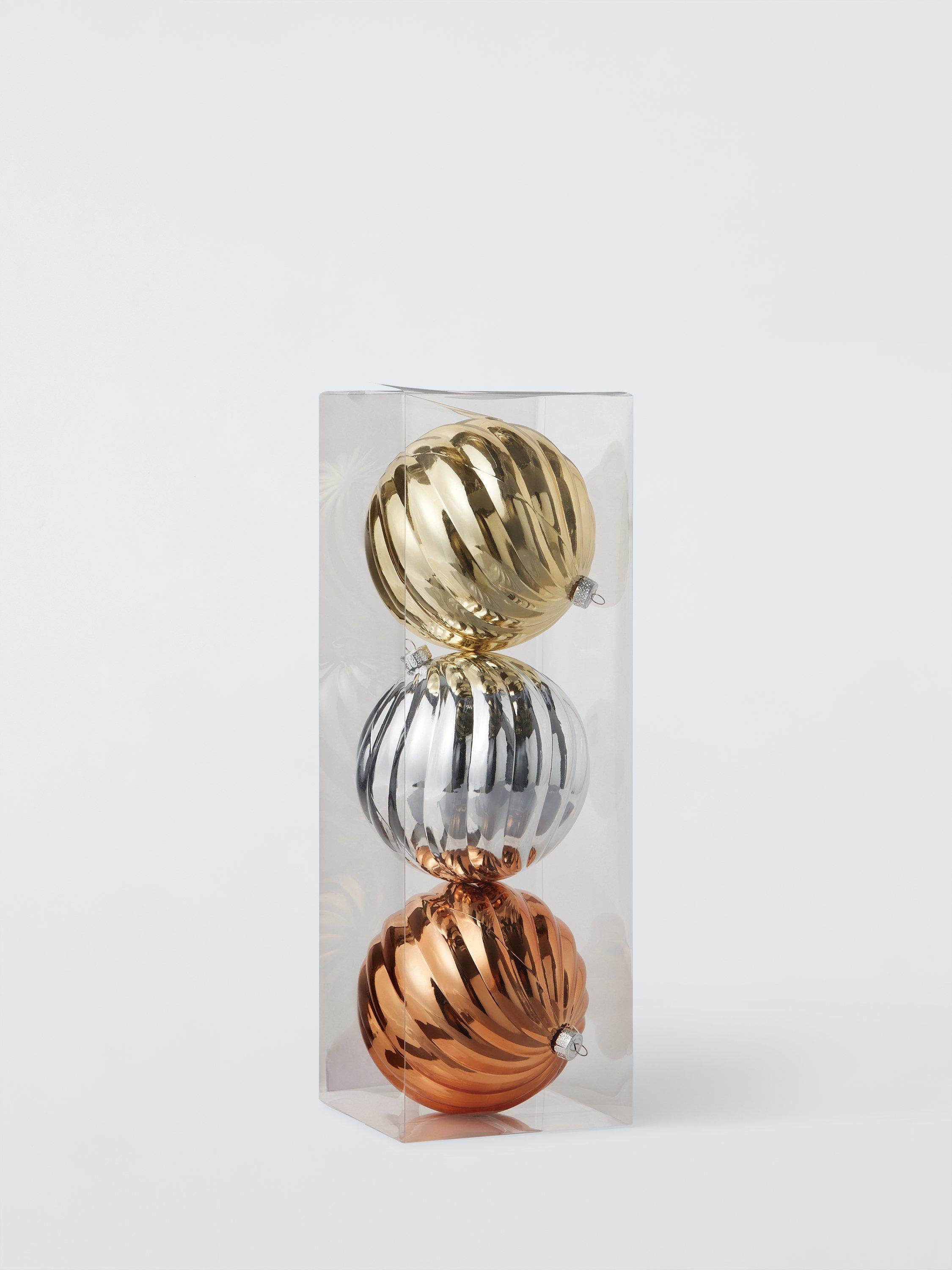 John Lewis Giant Shatterproof Ribbed Baubles, Box of 3, Gold/Silver/Copper