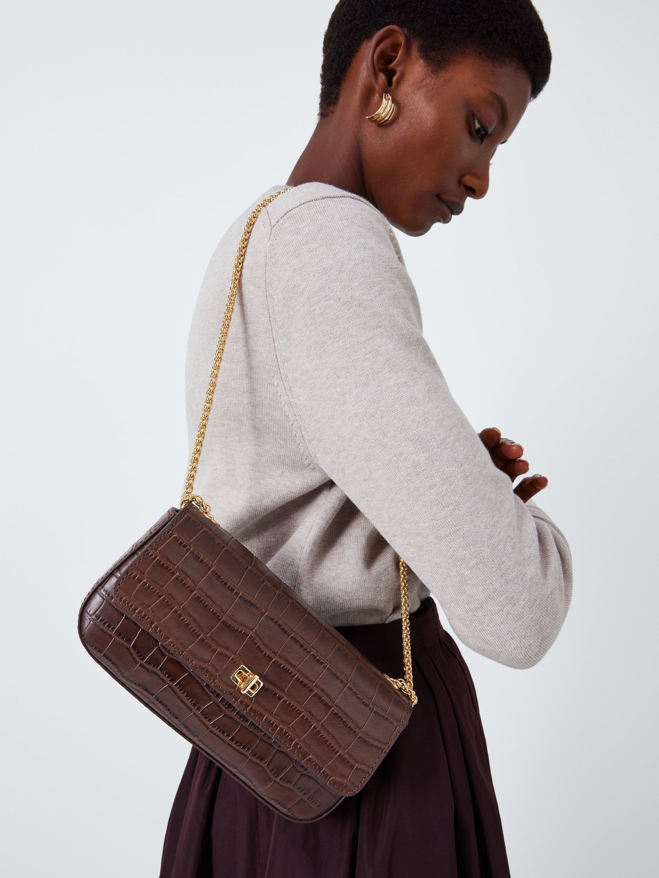 Product image 6 of 6, which shows John Lewis Double Chain Flapover Croc Effect Leather Crossbody Bag, Chocolate