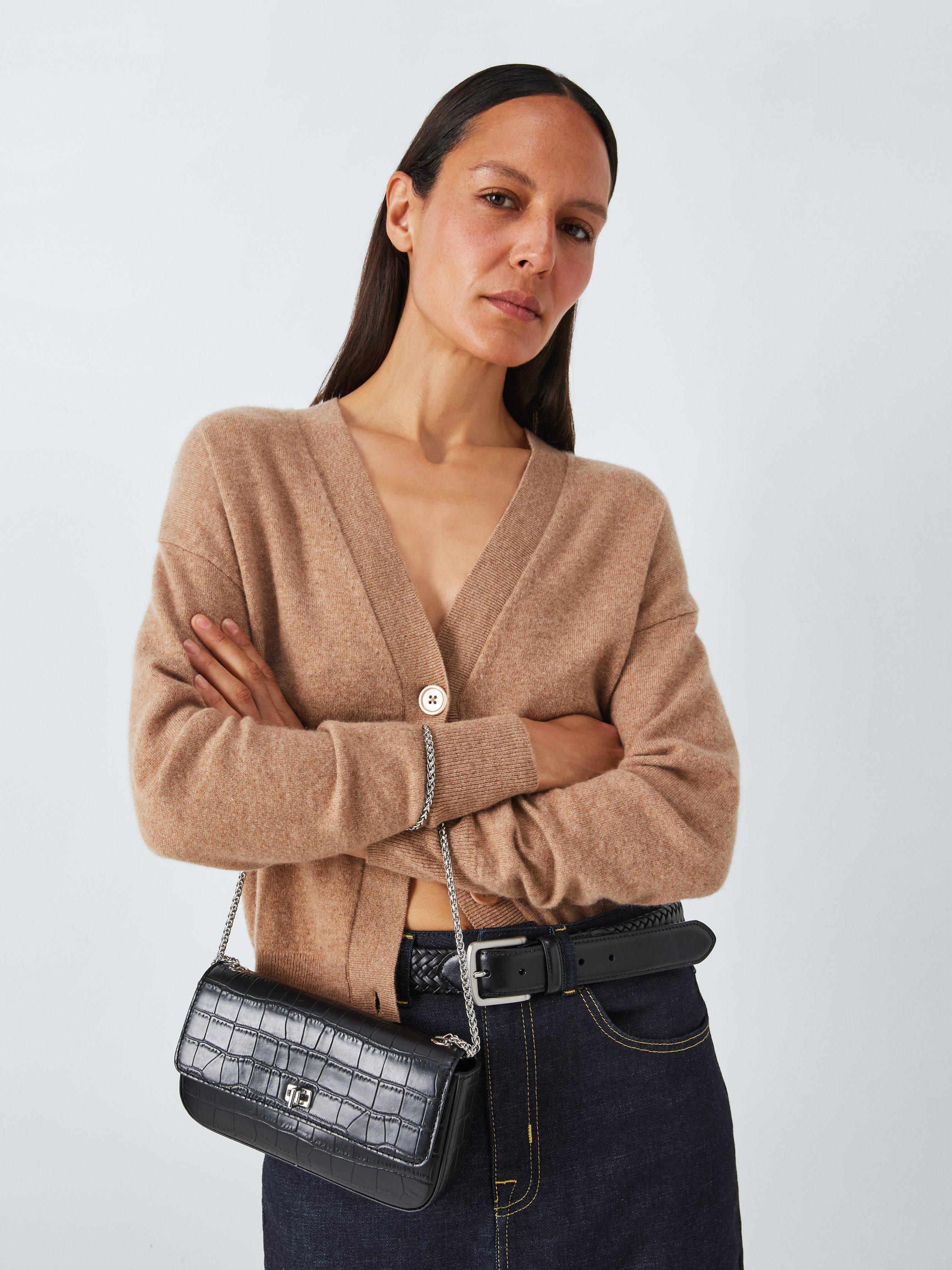 Product image 2 of 6, which shows John Lewis Double Chain Flapover Croc Effect Leather Crossbody Bag, Black