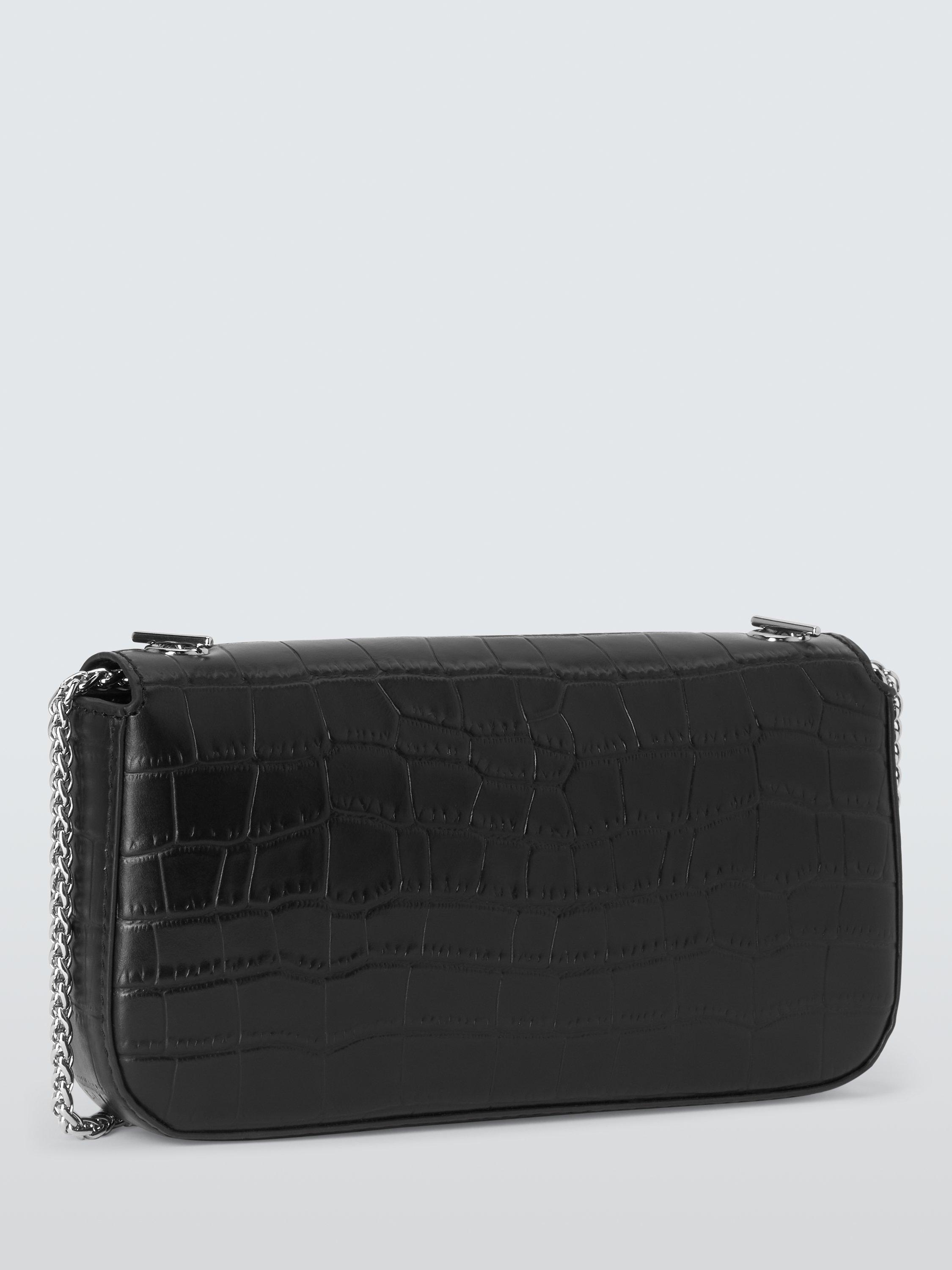 Product image 3 of 6, which shows John Lewis Double Chain Flapover Croc Effect Leather Crossbody Bag, Black