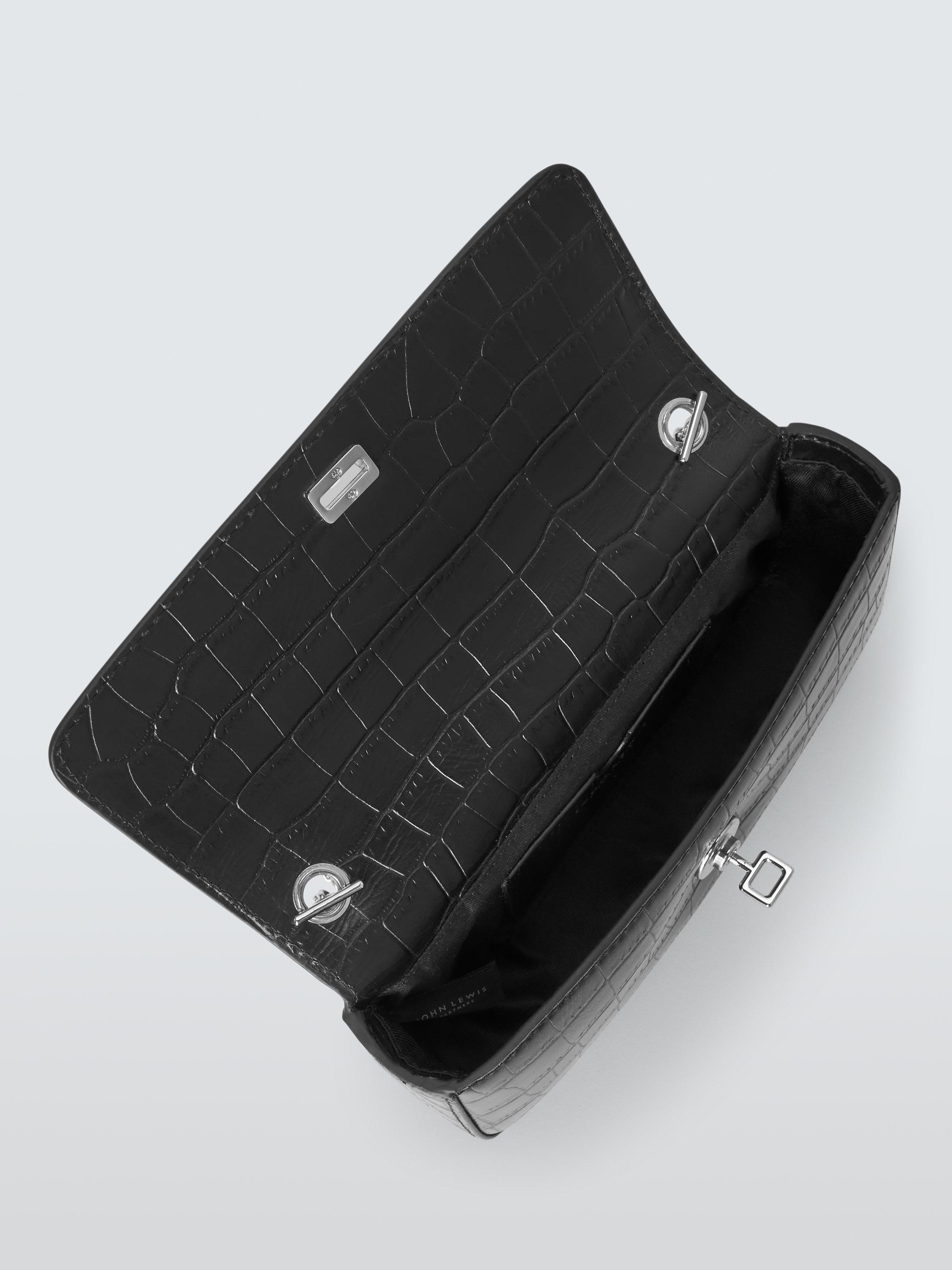 Product image 4 of 6, which shows John Lewis Double Chain Flapover Croc Effect Leather Crossbody Bag, Black