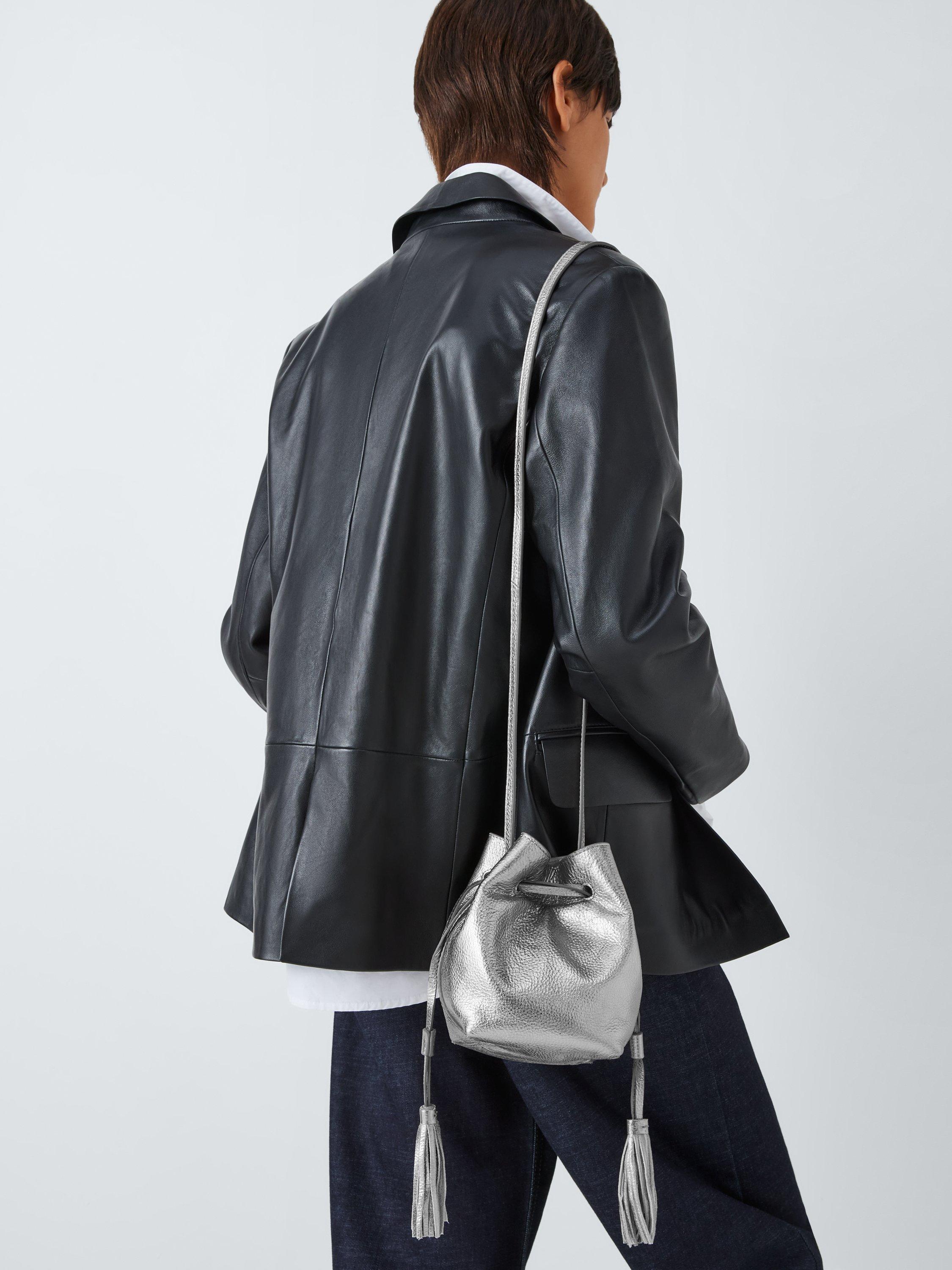 Product image 2 of 6, which shows John Lewis Leather Mini Drawstring Shoulder Bag, Silver