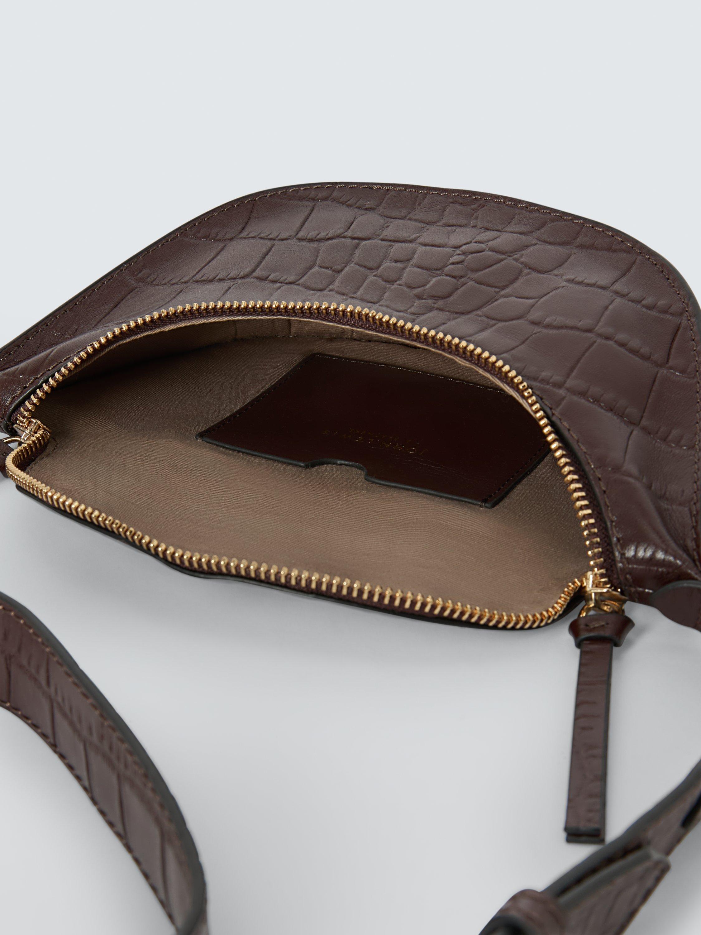 Product image 4 of 6, which shows John Lewis Small Belt Strap Leather Crossbody Bag, Chocolate Croc