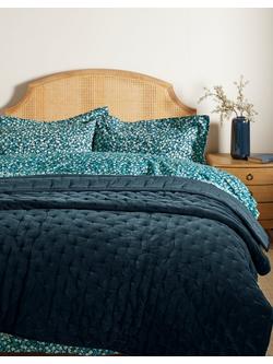 John Lewis Cotton Velvet Quilted Bedspread - view 2, Petrol Blue